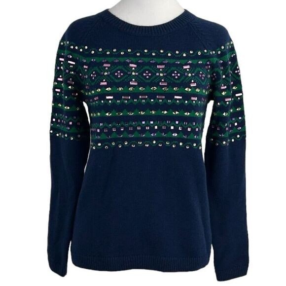 TALBOTS Blue Green Jeweled Crystal Embellished Sweater S Petite Lambswool Blend - Picture 1 of 14
